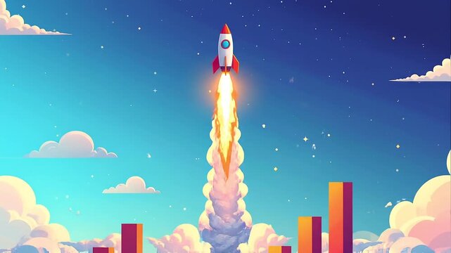 Rocket launching above financial data charts representing growth
