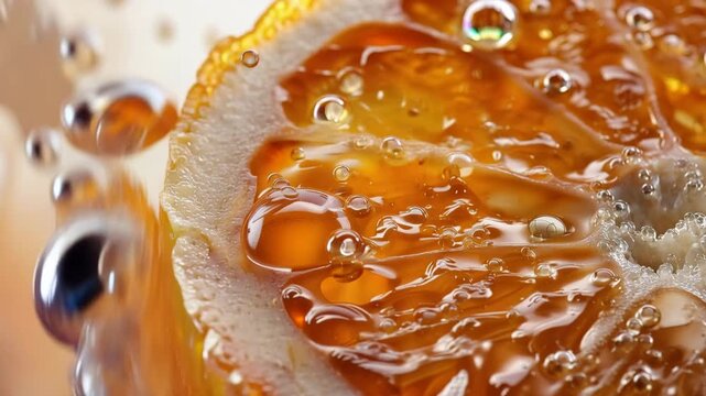 AI generated image: Macro of fresh orange slice with splashing liquid, hydration concept .