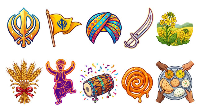 Vibrant illustrations of sikh symbols and traditional indian elements