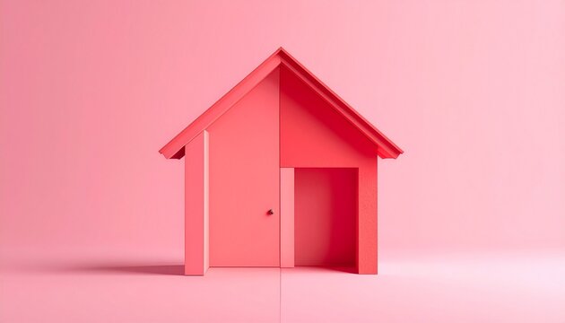 an artistic 3D minimalist house model with a monochromatic pink concept. The design is very clean and modern, showing a simple house structure with a gable roof and a pid