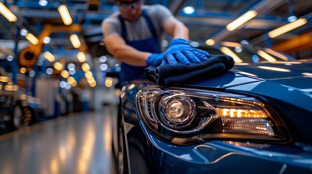 Worker in blue gloves polishing a metallic blue car, showcasing shine for detailing services