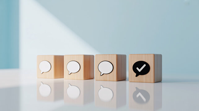Four wooden blocks with speech bubbles on a reflective surface with a light blue background