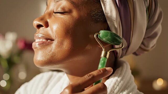 Woman applying jade roller to face for skincare and beauty routine