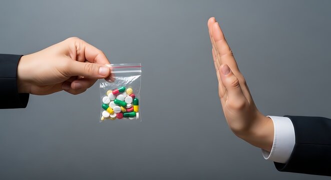 A business person in a suit refusing to accept a plastic bag filled with various colorful pills