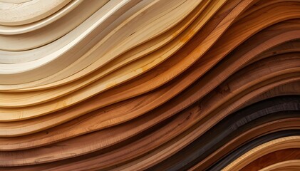 Fototapeta premium Abstract curved wooden waves texture, layered wood pattern with smooth flowing lines, modern organic background design in warm tones