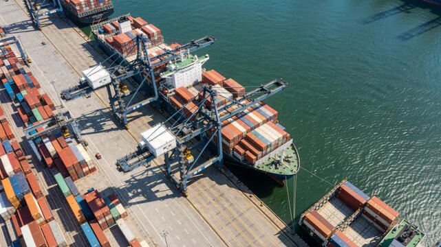 Cargo ship container port shipping trade logistics hub bustling freight export import vessel scene with busy crane activity