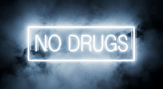 A glowing white neon sign that reads no drugs surrounded by a thick layer of mysterious dark smoke