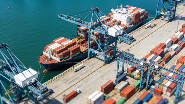 Busy cargo ship container shipping harbor port trade scene at logistics hub and freight route export activity