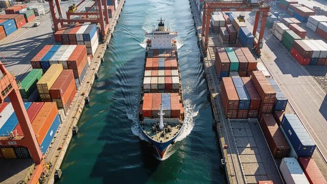 Container ship shipping cargo freight trade harbor port logistics transportation ocean vessel gliding through busy cargo port
