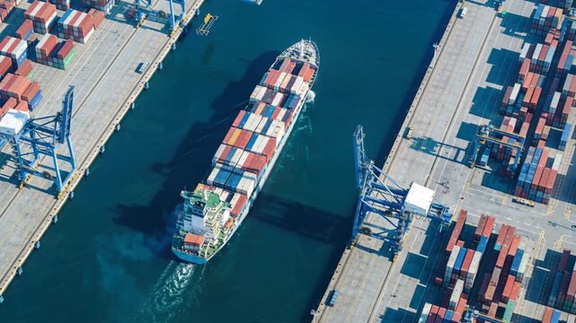 Container ship cargo port shipping trade freight logistics transport harbor aerial view vibrant busy waterway scene