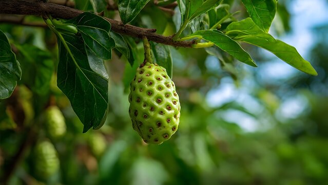 A close-up macro photo of a green noni (Morinda citrifolia) fruit hanging from a branch in a lush tropical garden