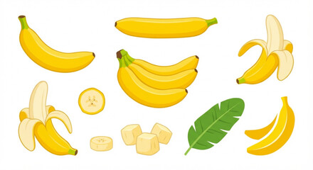 Obraz premium Collection of fresh yellow bananas in various forms whole, peeled, sliced, and a bunch, symbolizing natural health