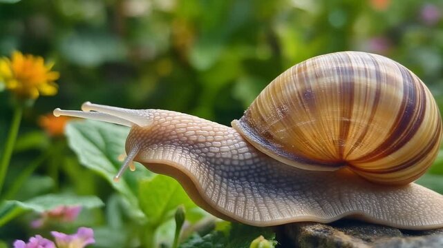A close-up shot of a garden snail with a striped shell slowly moving across a textured surface amidst green leaves and colorful flowers in a natural outdoor setting.