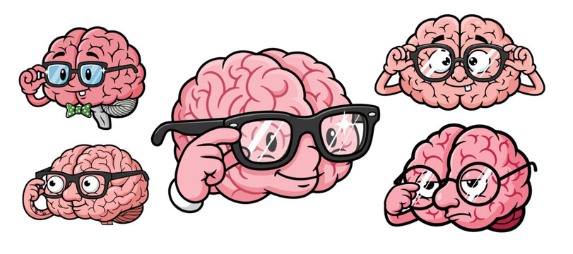 Smart brain cartoon character wearing glasses collection vector illustration isolated on white background