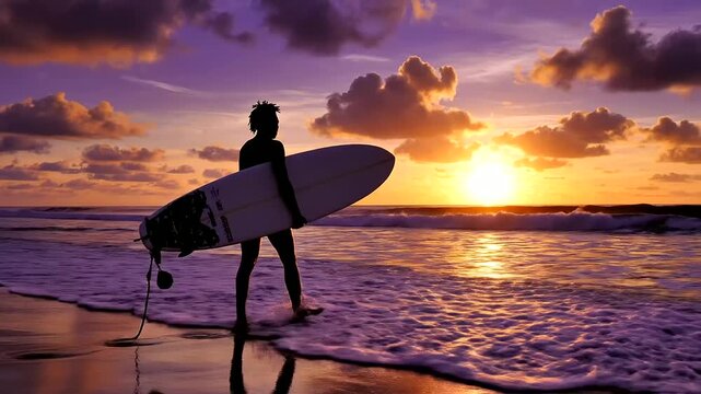Silhouetted surfer walks with a board on a radiant beach at golden hour, reflecting the adventurous and free spirit of youth, resonating with International Youth Day celebrations.