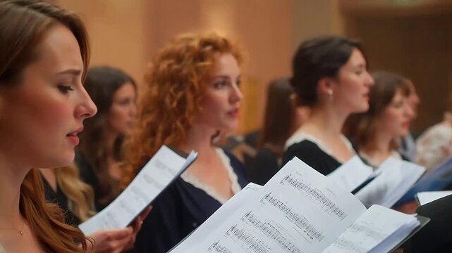 Choir members singing with sheet music