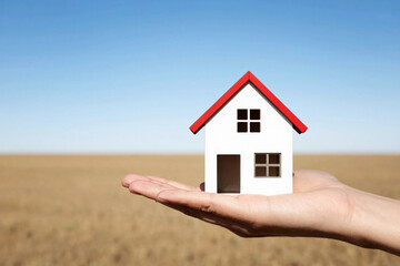 Naklejka premium Concept of buying or building new home. Male hand showing, offering a new dream house at the empty field with copy space.
