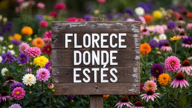 Frase inspiradora en un cartel de madera r&uacute;stica rodeado de un jard&iacute;n de flores coloridas. - Inspirational Spanish quote 
