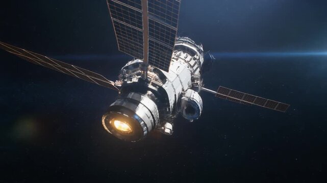 Advanced satellite with glowing thruster maneuvering through deep space, symbolizing global communication, technological progress, and the exploration of the cosmos