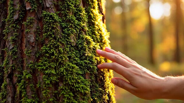 Hand touching mossy tree trunk in forest
