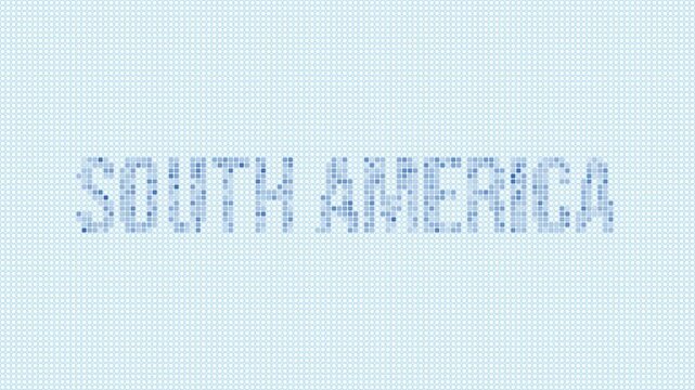 South America dotted map animation. Digital style shape of the continent. South America shape and title dots appear with bulb flickering effect. Intro, outro, logo, title video.