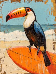 Fototapeta premium Colorful Toucan on Surfboard with Tropical Beach Background