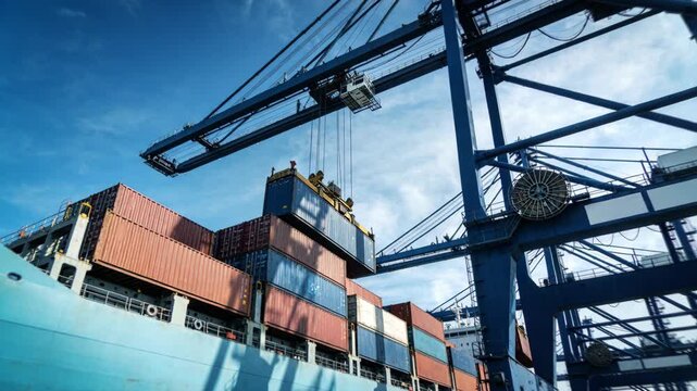 Cargo container ship at shipping port trade crane logistics harbor freight transport industrial view under blue sky