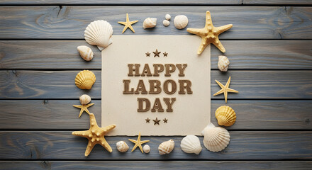 Happy Labor Day celebration with seashells and starfish on wooden background
