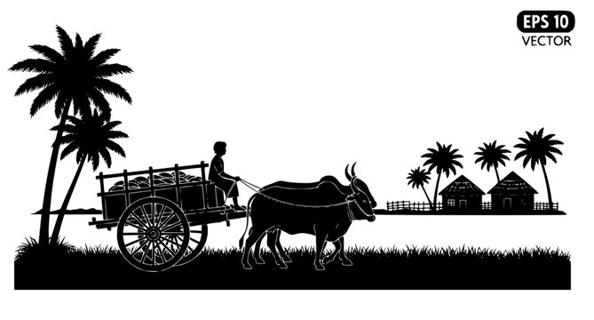 Bullock Cart Silhouette Village Scene Rural Transport Vector Illustration