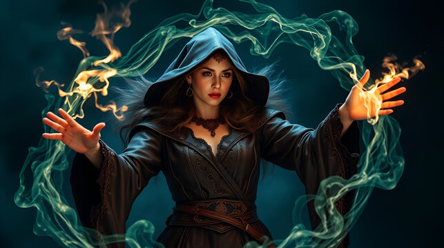 A powerful sorceress casting a spell