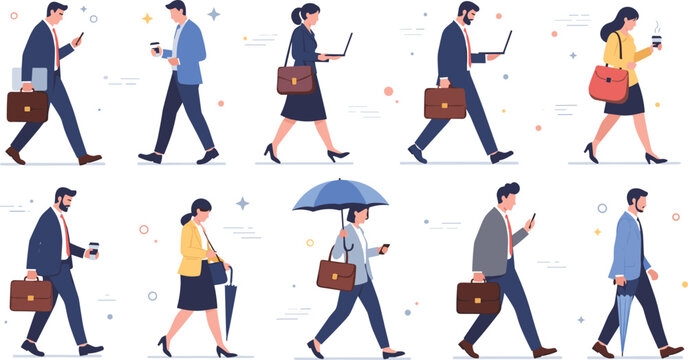 Business people walking vector set featuring office workers with briefcases laptops coffee and umbrellas for professional commute concepts