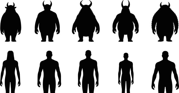 Monster and human body silhouettes set showing horned fantasy creatures and male female anatomy figures isolated, flat vector illustration