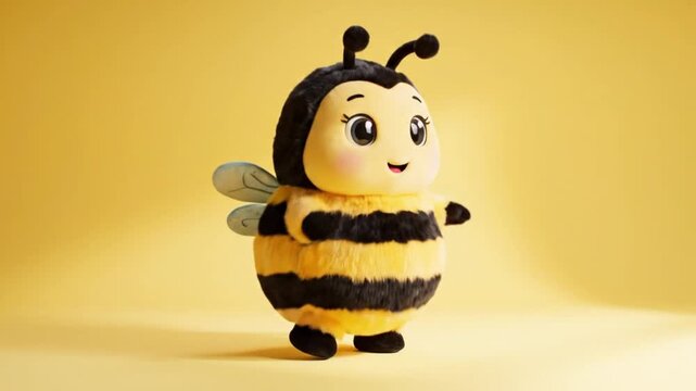 adorable bee mascot doing slow wiggle dance, chubby 3D cartoon style, furry costume texture, pastel yellow background, calm and cute vibe, seamless loop, soft lighting, minimal composition