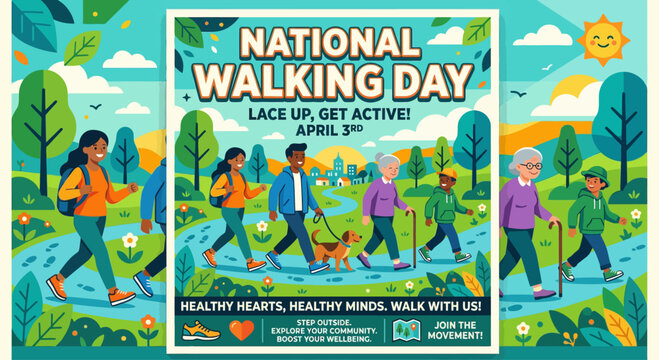 People walk on a path in a park on National Walking Day with friends and dogs.