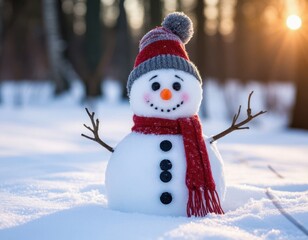 Obraz premium Snowman wearing a red and gray knitted hat and scarf with a carrot nose, buttons, and twig arms, standing in a snowy landscape with trees in the background