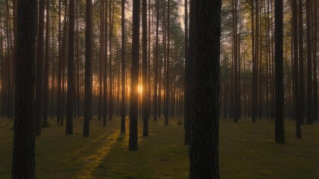 Golden sunlight streams through the tranquil canopy of a dense pine forest at dawn, creating a breathtaking scene of nature's awakening with long shadows stretching across the peaceful woodland floor