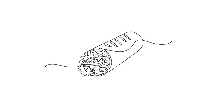 A continuous line drawing of a burrito on a white background mexican food illustration one