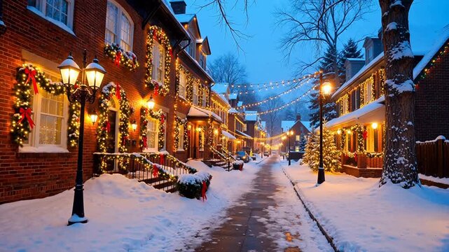 Snowy street with decorated houses at dusk