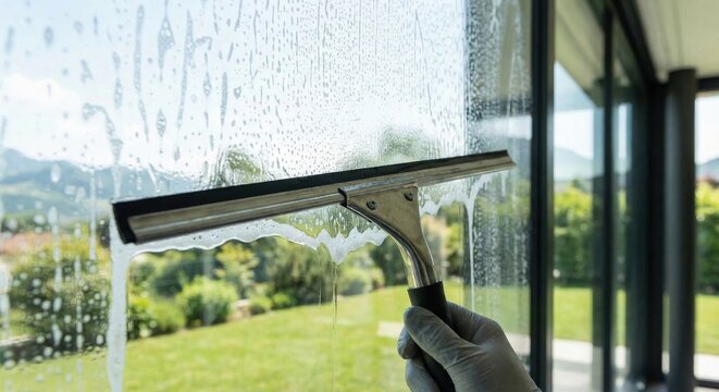 Cleaning residential glass window with professional squeegee
