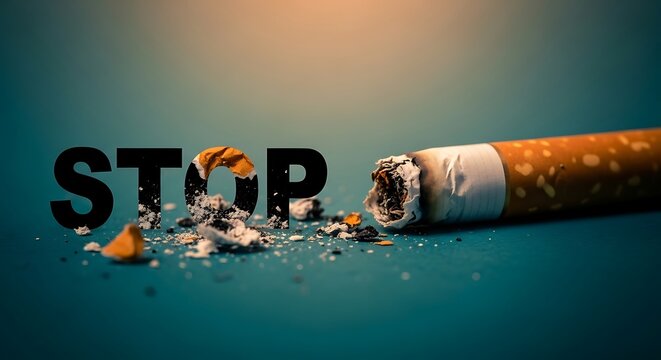 A crushed cigarette with the word stop on a dark background