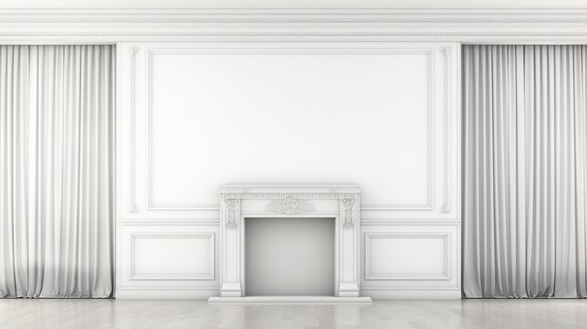 Bright minimalist white room with a central fireplace flanked by tall draped curtains on both sides