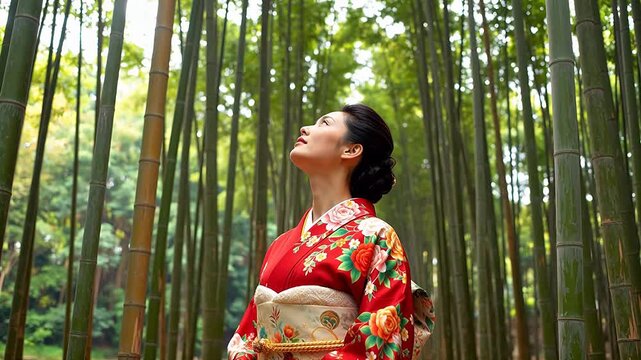 Woman in floral kimono in bamboo forest