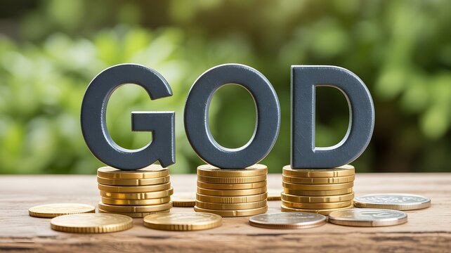 The word GOD formed by dark letters atop golden coin stacks and scattered money on a wooden table with blurred green nature under soft light