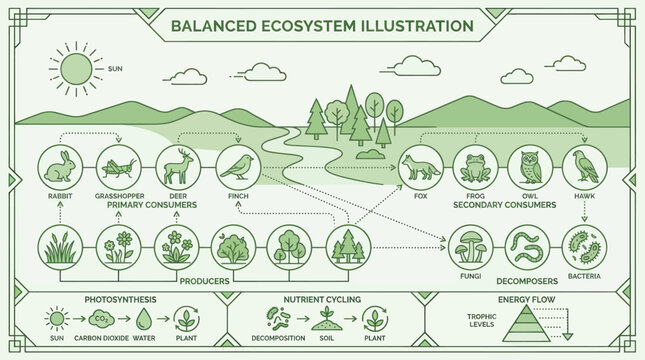 Balanced Ecosystem Illustration with Food Chain and Energy Flow.