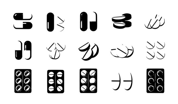 Modern pills and tablets vector set with capsule icons and pharmacy medicine collection in flat style