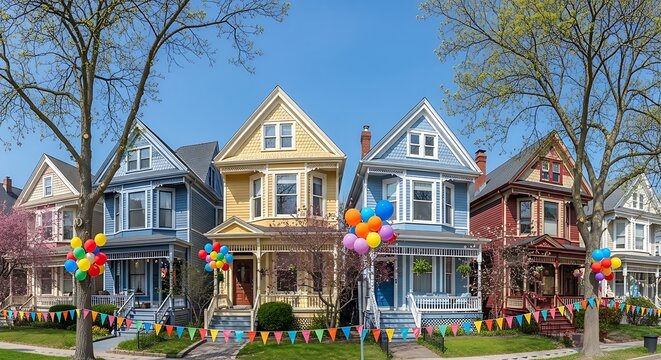 Colorful victorian houses decorated with festive balloons and bunting in a sunny suburban neighborhood
