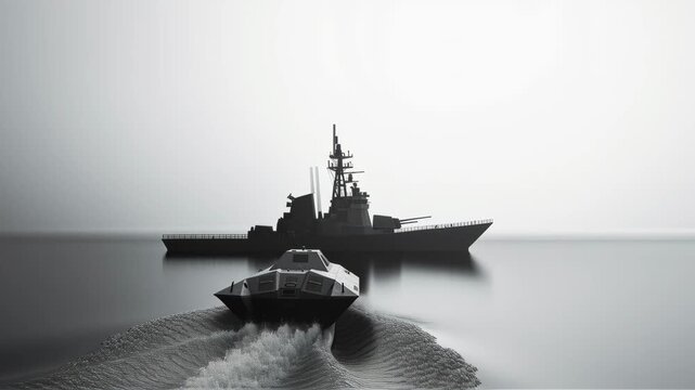 Military patrol boat approaching naval warship during maritime security operation. Armed forces conducting defense mission and coastal surveillance at sea.