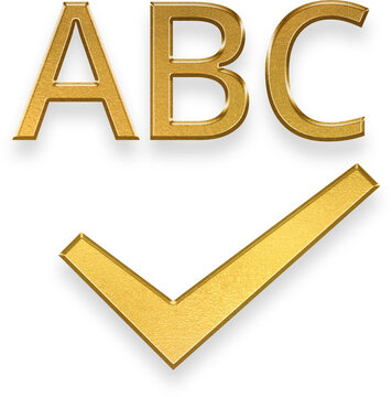 Golden 3D abc spellcheck icon for grammar verify and writing correct