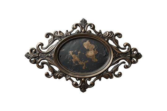 Ornate antique bronze frame displaying a vintage world map on distressed black, elegant decorative element with transparent background