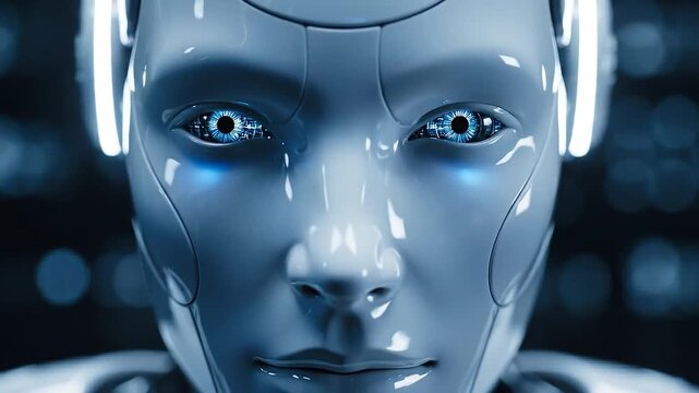 Close up serene humanoid robot face with blue glowing light, contemplative futuristic concept of artificial intelligence and advanced cyborg